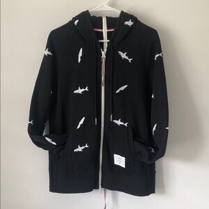 THOM BROWNE. Black Shark/Surfboard Embroidered Long Sleeve Zip-up Sweatshirt L